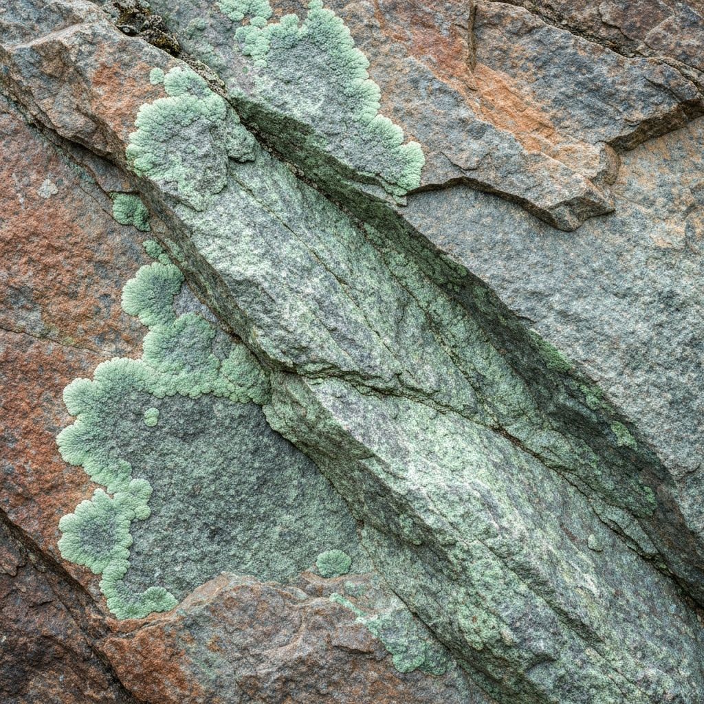 Green-gray mineral deposits in rocks